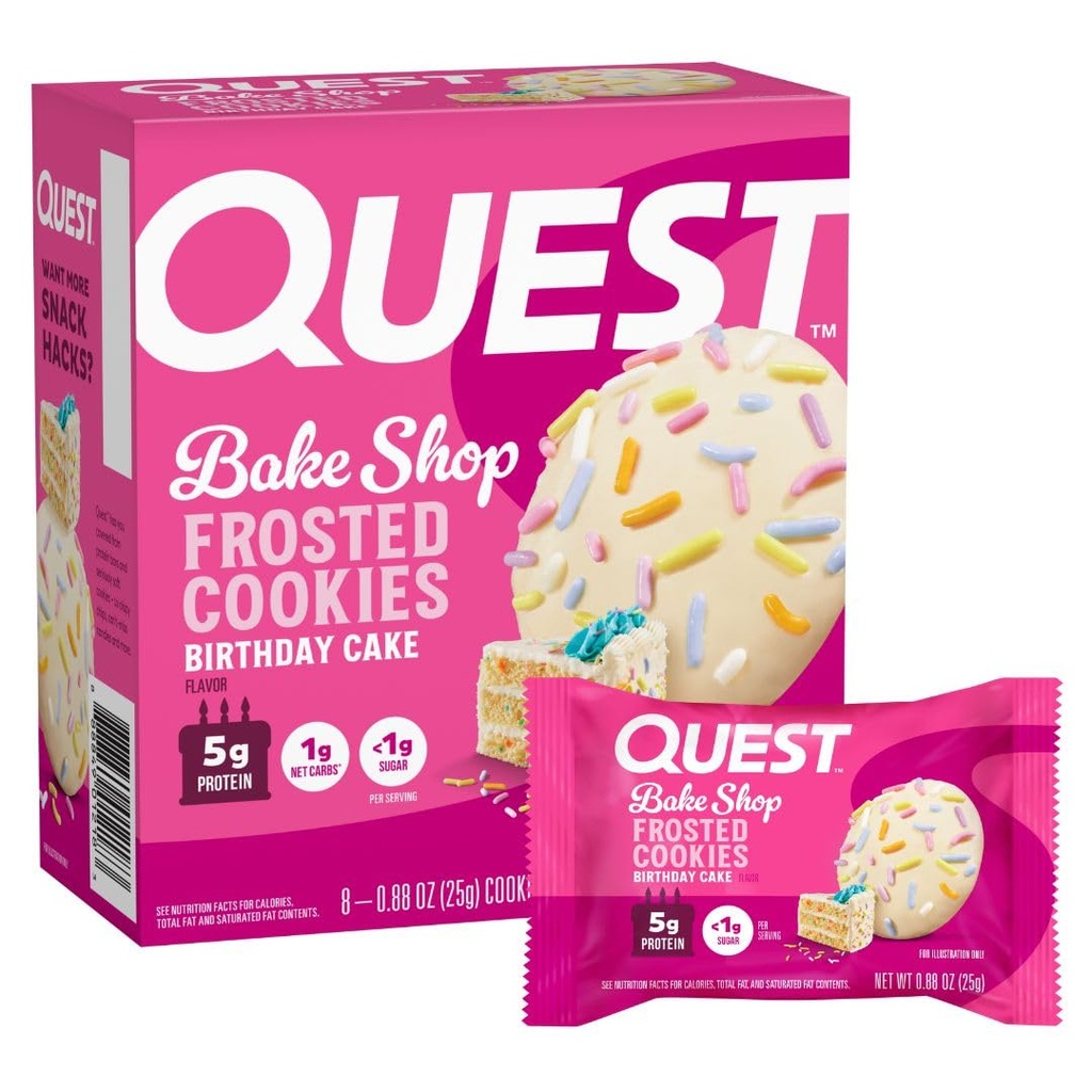 Quest Nutrition Frosted Protein Cookies, Torta di Compleanno, <1g Zucchero, 5g Protein, 1g Carbi Net, Gluten Free, 8 Cookies