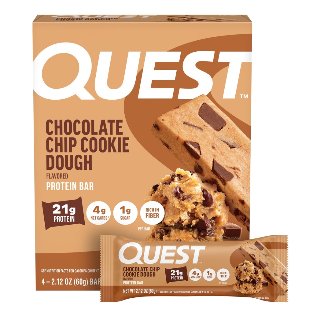 Quest Nutrition Chocolate Chip Cookie Dough Protein Bars, 21g Protein, 4, Carbi netti, 1g Zucchero, Fibra alta, Senza glutine, Keto Friendly, 4 Conte