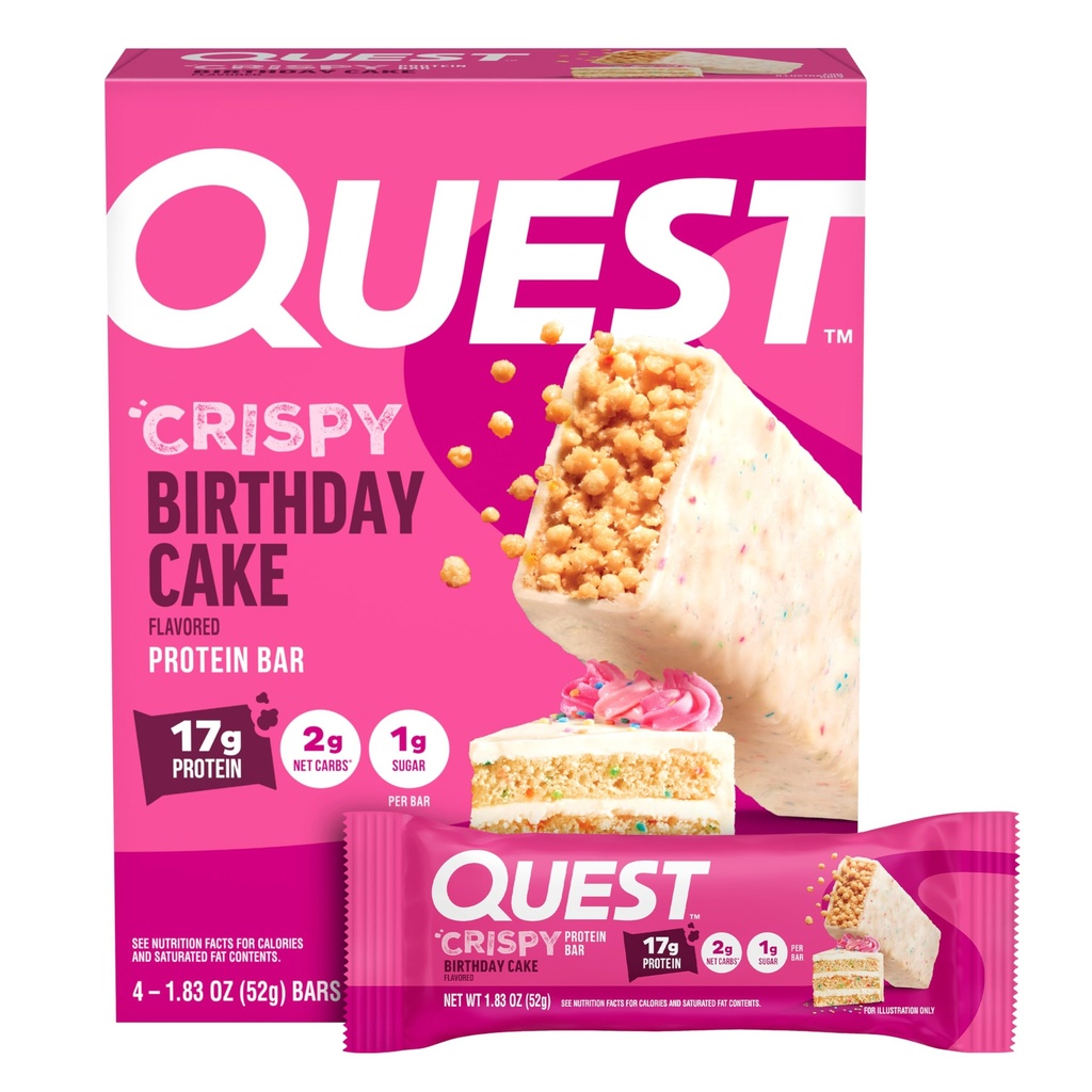 Quest Nutrition Crispy Birthday Cake Protein Bar, 17g Protein, 1g Zucker, 2g Net Carbs, Gluten Free Protein Snack, Keto Friendly, 4 Count