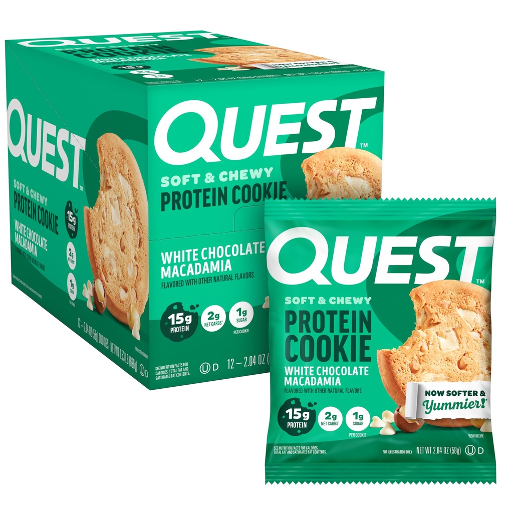 Quest Nutrition Chocolat blanc Macadamia Protein Cookie, 15g Protéines, 1g Sucre, 2g Net Carbs, Keto Friendly, High Protein, Bas Carb; 12 Compte