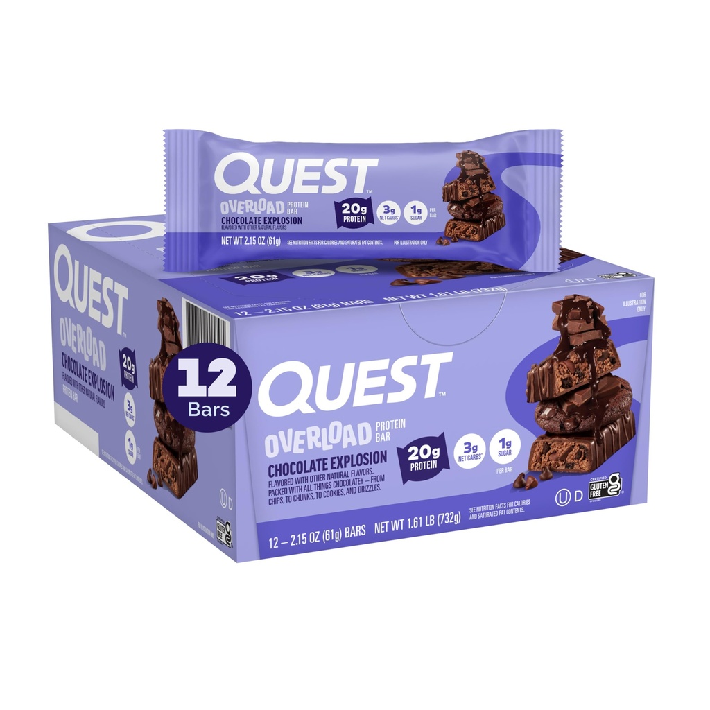 Quest Nutrition Overload Protein Bars, Schokolade Explosion, 20g Protein, 1g Zucker, 3g Net Carbs, Glutenfrei, 12 Zähler