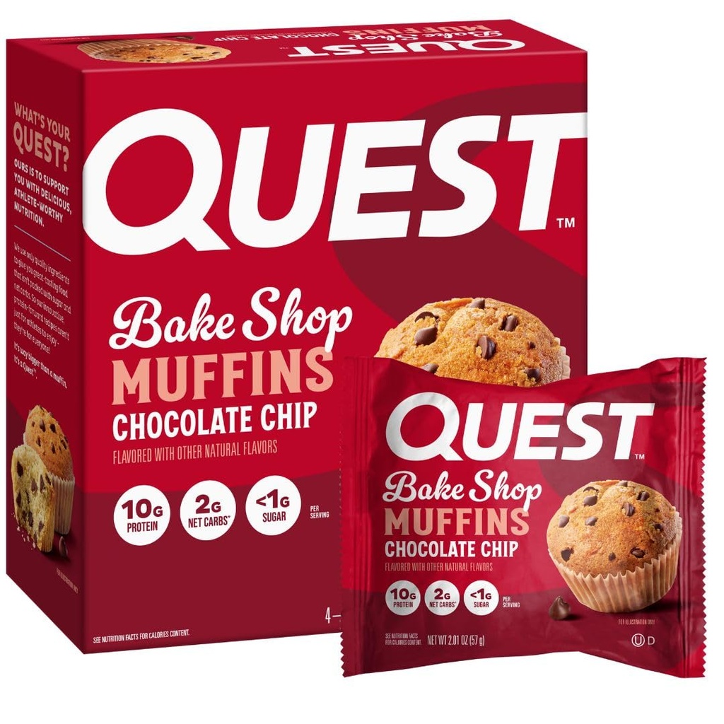 Quest Nutrition Chocolate Chip Muffin, 10g Protéines, 2g Net Carb, Moins de 1g Sucre, Protéines Snack, 4 Compte