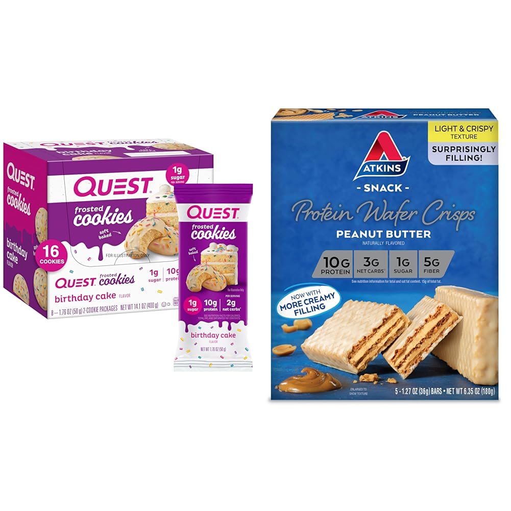 Quest Birthday Cake Frosted Cookies Twin Pack mit 16 Cookies und Atkins Peanut Butter Protein Wafer Crisps mit 5 Zähler