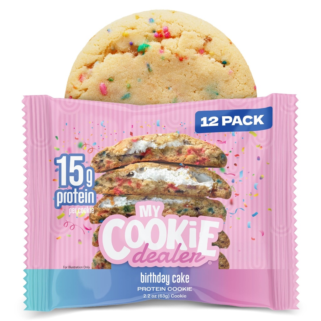 My Cookie Dealer Protein Cookies, Birthday Cake (2.2oz, Pack of 12) - 15g Protein pro Cookie - Individuell verpackte Workout Snacks für On-The-Go Travel