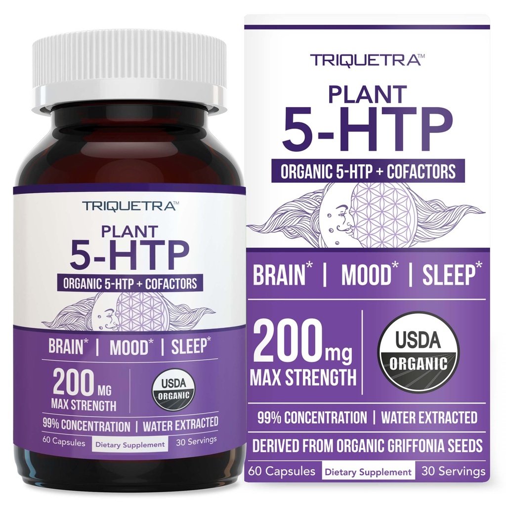 Organic 5-HTP - 200 mg | 99% 5HTP Concentration, Plus Cofactor Vitamin B6 & Lion’s Mane | Water Extracted from Organic Griffonia Seeds | Supports Mood, Cognition & Sleep (60 Capsules | 30 Servings)