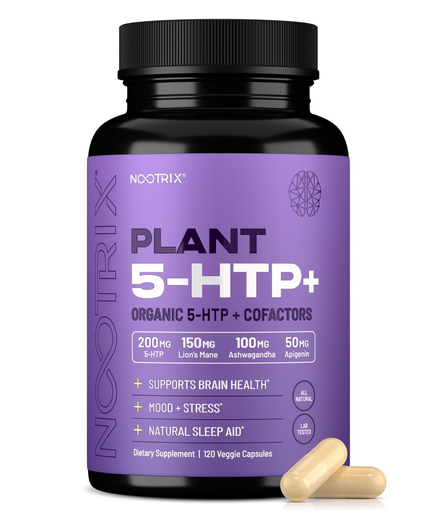 Nootrix Organic Plant 5 HTP+ Integratore | Supporta memoria, messa a fuoco mentale, salute cognitiva & energia | Promuove la funzione sana di umore e cervello | Vitamina B6 & L Theanine | 120 capsule