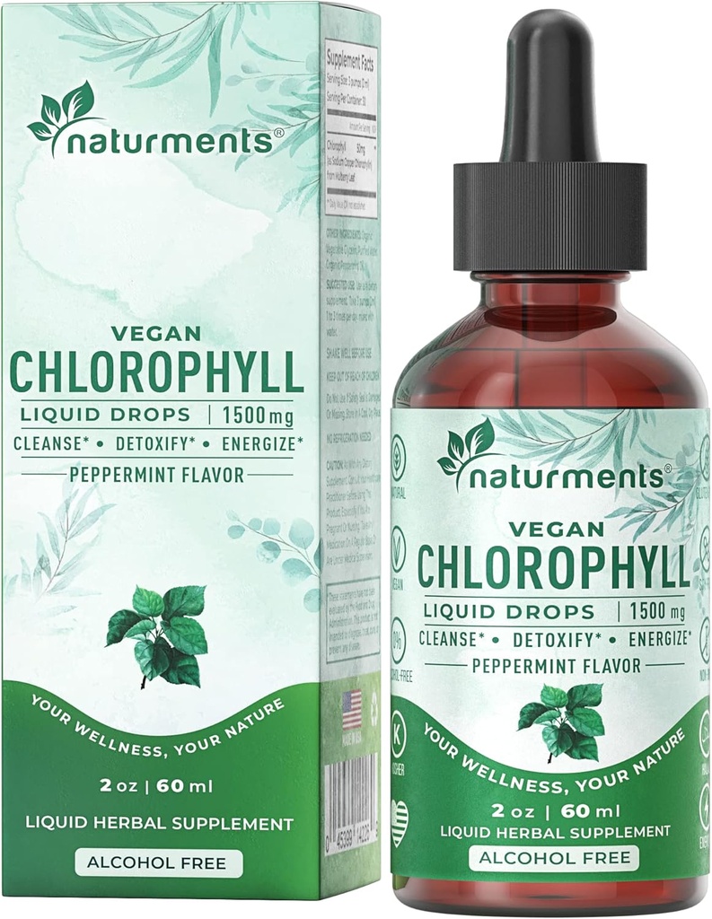 Naturments Chlorophyll Flüssigkeitstropfen: - Natürliche Deodorant, Immununterstützung, Energie Boost - Clorofila Konzentrat mit Bio Pfefferminzöl - 30 Servierungen, 60 Ml