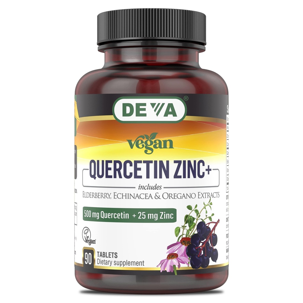 DEVA Vegan Quercetin 500mg Plus 25mg Zink mit Elderberry, Echinacea und Oregano Extrakte -No Animal Ingredients - 90 Tabletten, 1-Pack