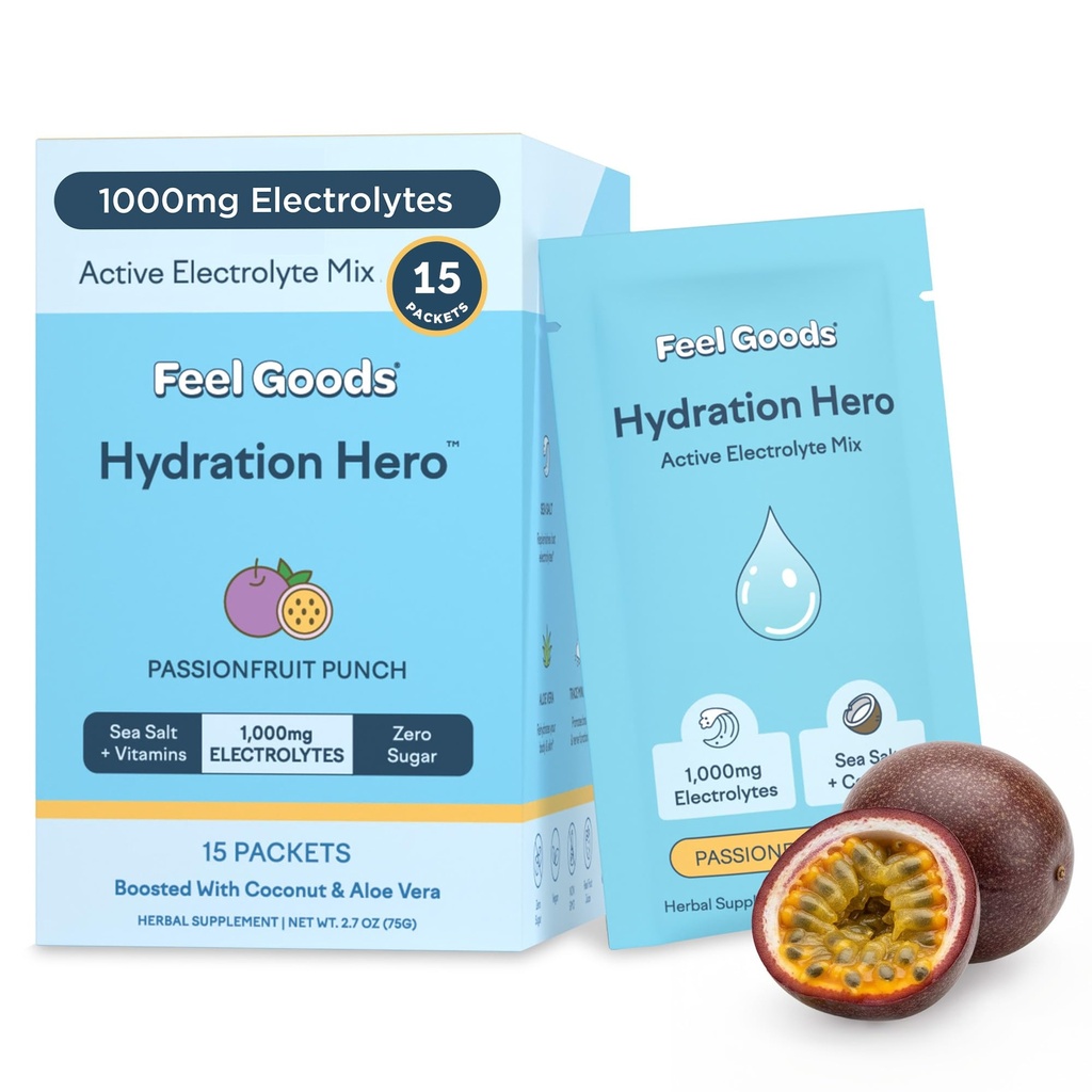 Sentez des produits Hydratation Hero, 1000mg Poudre d'électrolytes, Sans sucre, Magnésium, Aloe Vera organique, L Theanine, Vitamine C & B12, Keto, Vegan, Electrolyte Packets, Passion Fruit Punch, 15 Compte