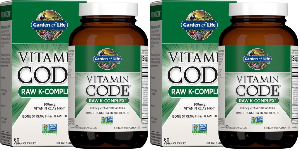 Jardin de la vie Vitamine K2 et K1, Vitamine Code Vegan K Complexe pour la force osseuse et la santé cardiaque, Omega Rich L'huile de graines de lin, Trace Minerals, Probiotiques, 60 jours d'approvisionnement, (paquet de 2)
