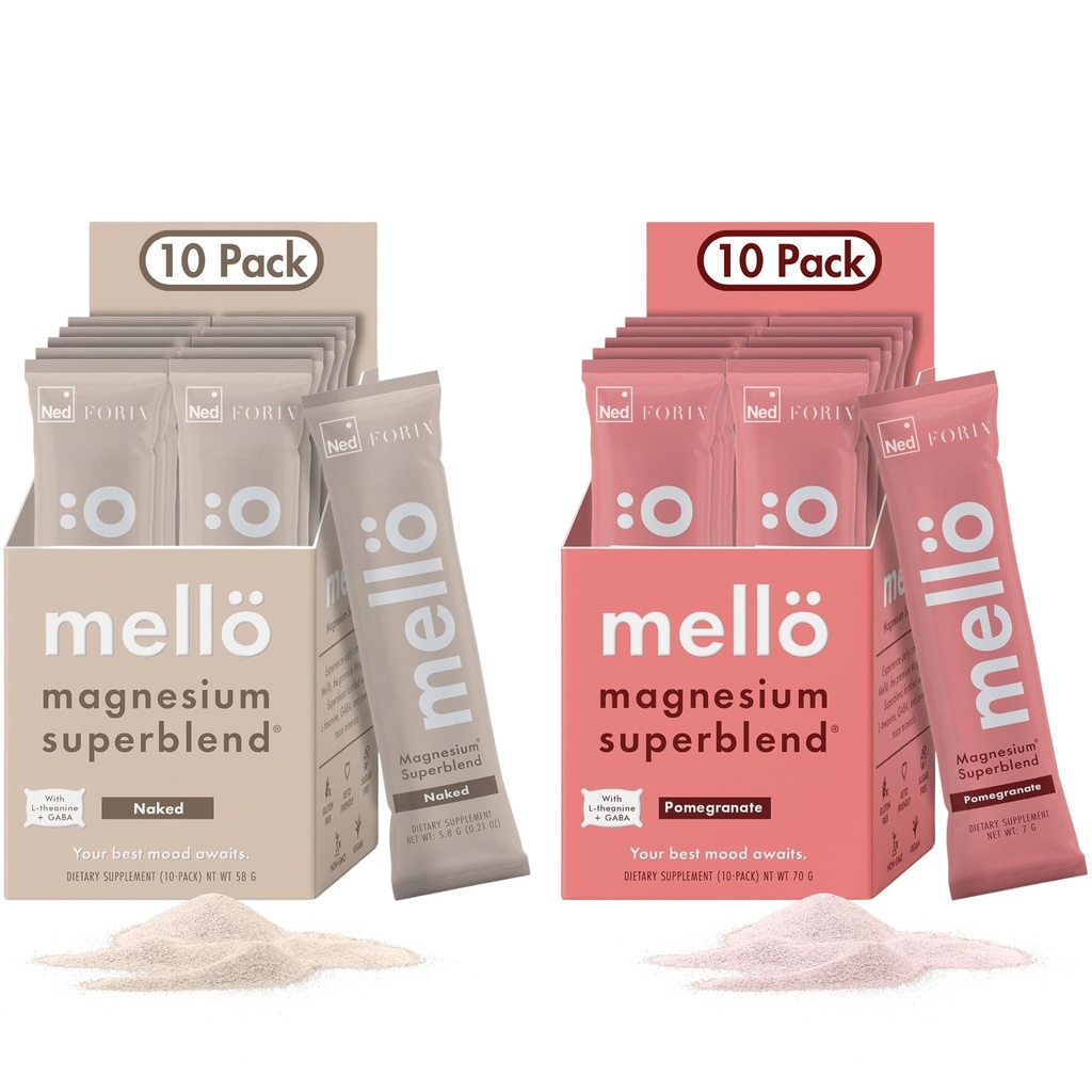 mellö Magnesium Superblend Bundle - Granatapfel & Unflavored - Magnesium Glycinat mit L-Theanin, GABA & Trace Minerals - Unterstützt Schlaf, Entspannung und Balanced Energy - 2 x 10-Packs