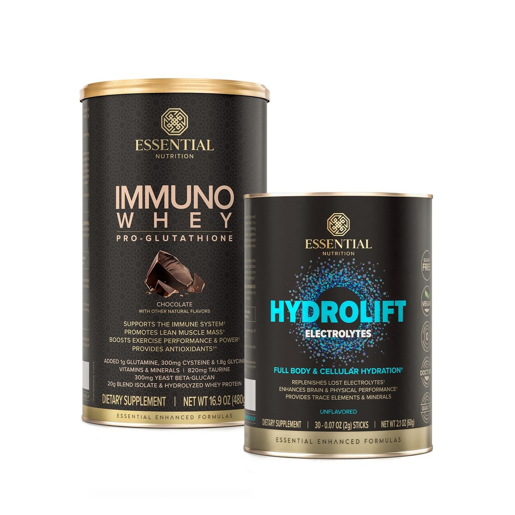 Essential Nutrition Hydrolift Elektrolyte + Immuno Whey Chocolate – Leistungsstarke Hydration mit Trace Minerals und Glutathione-Support Protein Formel – Keto Friendly, Sugar Free