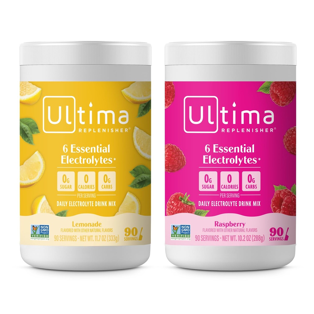 Ultima Replenisher Mélange de poudre d'électrolyte – Sans sucre – Cimonade et framboise, 90 portions – Poudre d'hydratation - 6 électrolytes clés et minéraux traces – Keto Friendly, non-OGM