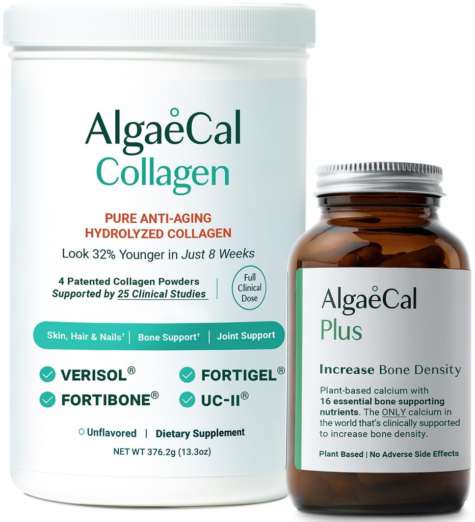 ALGAECAL Calcium & Collagen Bundle – Hydrolysiertes Kollagen komplett mit klinisch unterstütztem Verisol, Fortibone & Fortigel, Plus Vitamin D3, K2, Magnesium & Trace Minerals für Knochengesundheit & Anti-Aging