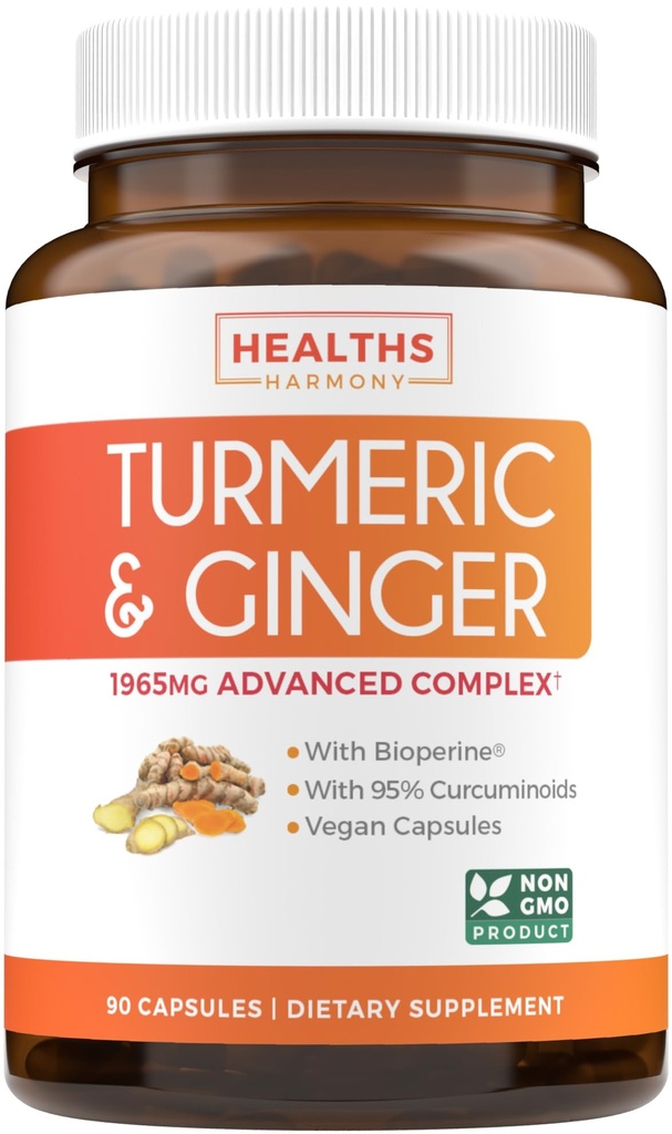 Supplemento di curcuma e zenzero (non OGM) 1980mg - Curcumina di curcuma con Bioperina di pepe nero, estratto di zenzero, e 95% Curcuminoidi Polvere - Tumeric Joint Support Supplement - 90 capsule