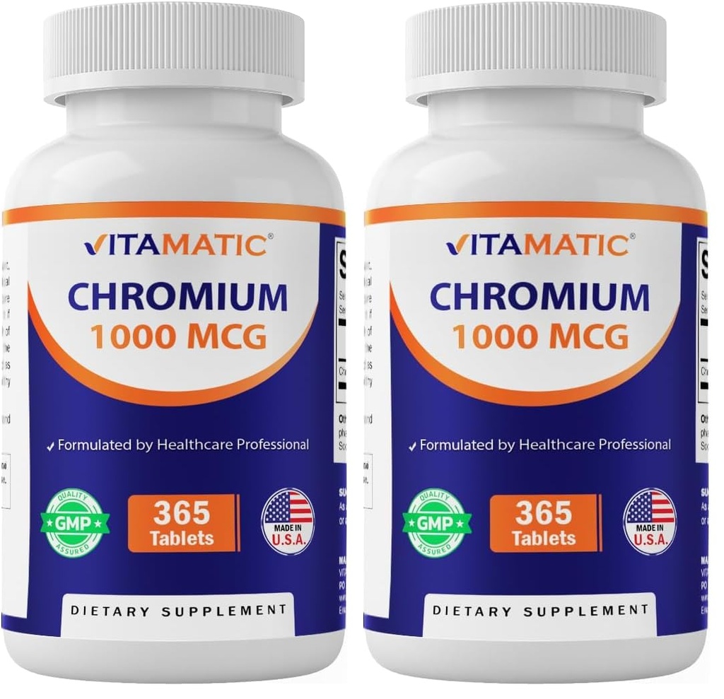 Vitamatic Chromium 1000 mcg | 365 Tabletten | Hohe Potenz Chrom Picolinat | Non-GMO, Glutenfrei (Pack von 2)