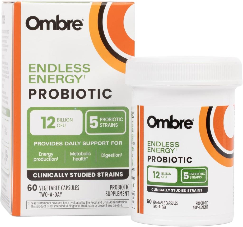 Ombre Endless Energy Probiotic Supplement, Supporta la produzione di energia naturale, Memoria, Focus & Gut Health, 12 miliardi di CFU, Shelf-Stable, 30 Serve