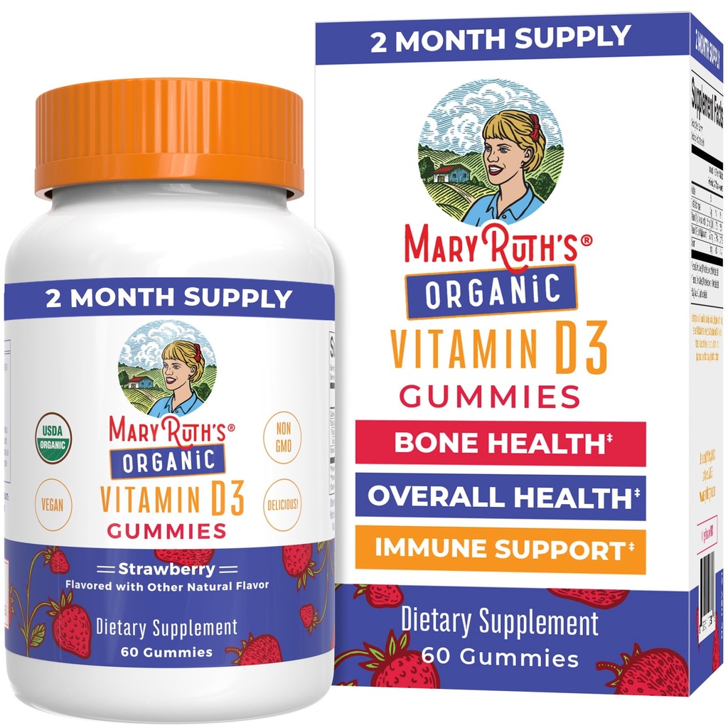MARYRUTH'S Organic Vitamin D3 Gummies | 1000 IU | USDA Organic | Immune Support| Bone Health | Muscle Function | for Adults & Kids Ages 2+ | Vegan | Gluten Free | 2 Month Supply | 60 Count