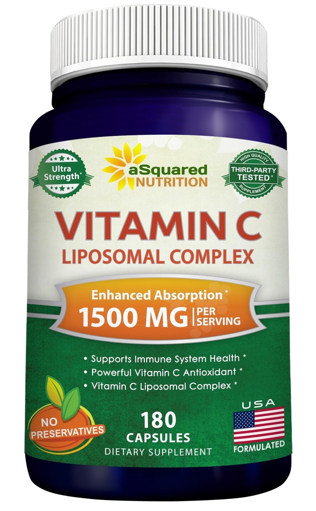 aSquared Nutrition Vitamin C Liposomal Complex - 1500mg Supplemento - 180 Capsule - Alta Assorbimento VIT C Acido Ascorbico Pillole - Supporti Immune System & Collagen Health - 90 Serve