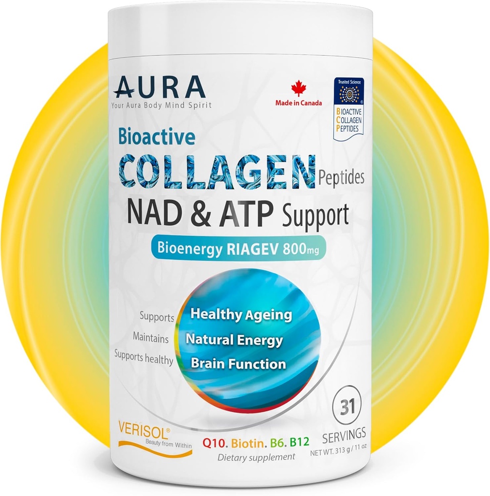 AURA VERISOL® Poudre de collagène bioactif Peptides® avec boosters brevetés NAD+ et ATP, système de rajeunissement cellulaire avancé, vieillissement en santé et réparation de l'ADN, non aromatisé, fabriqué au Canada, 31 portions.