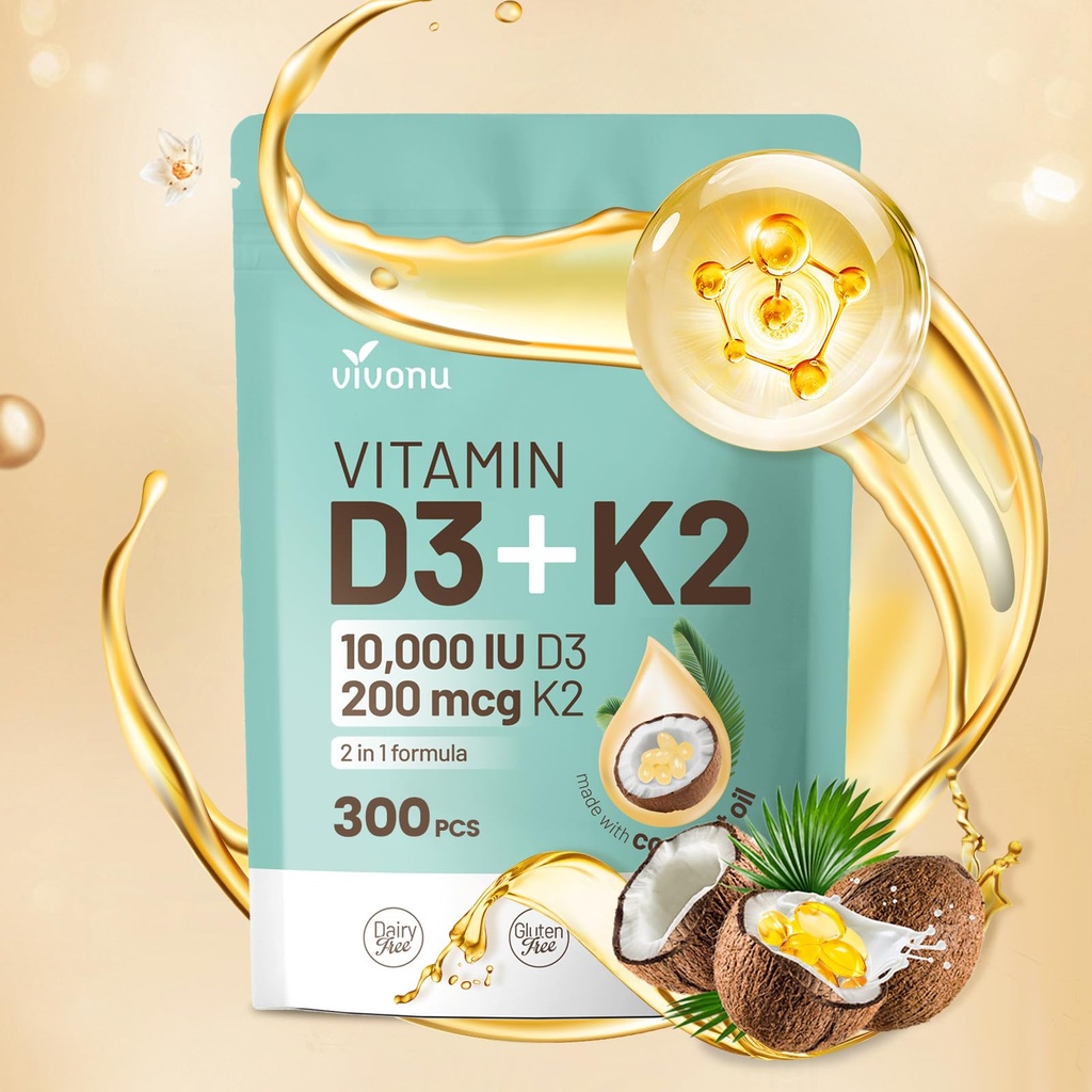 VivoNu Vitamine D3 K2 10000 UI avec MK7-300 huile de coco vierge softgels, 2 en 1 Vitamines Complexe D & K