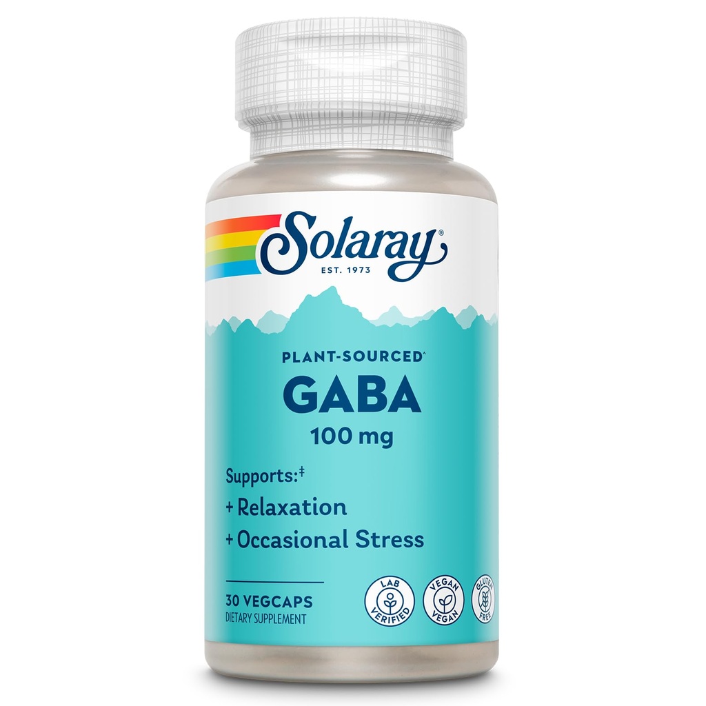 SOLARAY Plant-Sourced GABA 100 mg - Relaxation, Occasional Stress and Mood Support Supplement von Fermented Barley - Vegan, Glutenfrei - 60-Day Garantie - 30 Servietten, 30 VegCaps