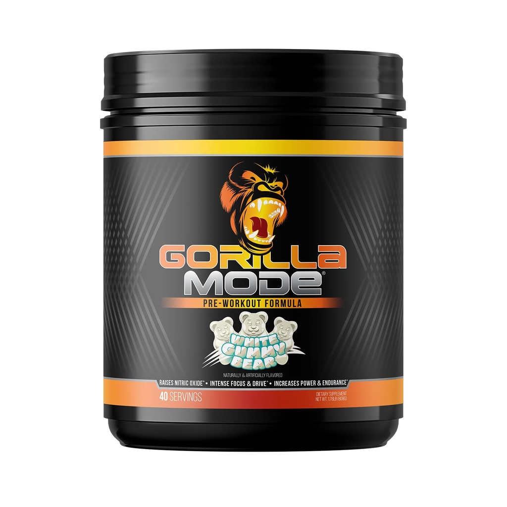 Gorilla Mind Pre Workout - Pompe di massa Laser Focus Energy Power - L-Citrulline, Creatina, L-tirosina, Betaina, Hydroprime, Alpha-GPC, 400mg Caffeina, Huperzine A 808g (White Gummy Bear)