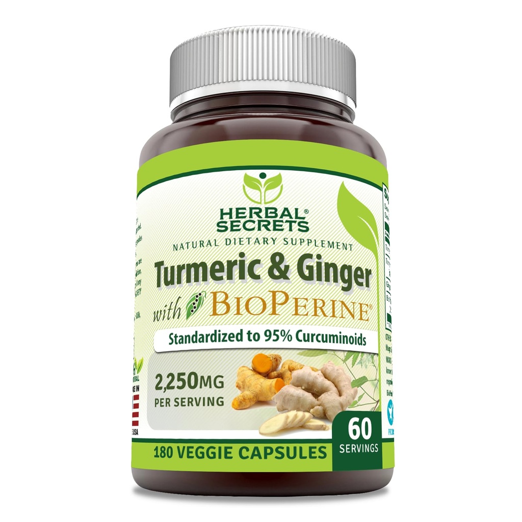 Herbal Secrets Turmeric Curcumin & Ginger mit BioPerine Supplement | 2.250 Mg pro Servieren | 180 Kapseln | Non-GMO | Gluten Free | Made in USA