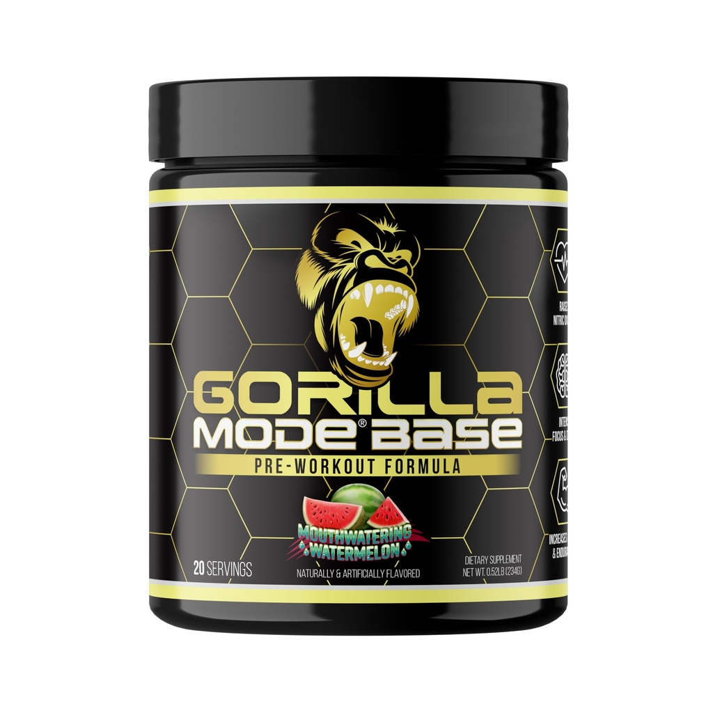 Gorilla Mode Base Pre Workout - Raises Nitric Oxid · Intensive Fokus & Drive · Ausdauer · Leistung - L-Citrulline, L-Tyrosin, Betaine, Alpha-GPC, Koffein, Huperzine A - 234g (Mouthwatering Watermelon)