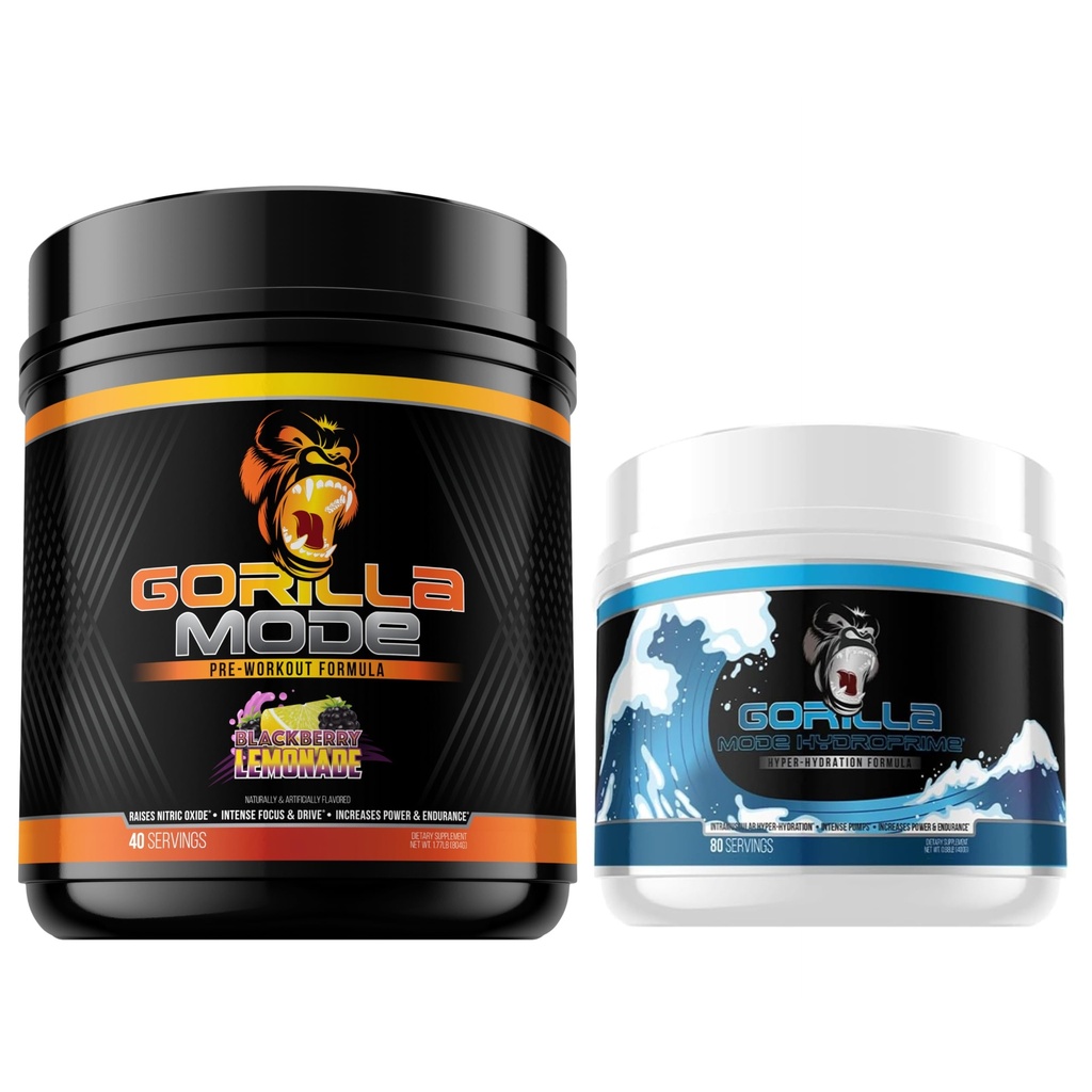 Préentraînement en mode Gorilla (Lémonade BlackBerry) + HydroPrime Glycerol Préentraînement - Stack complet pour Hyper-Hydration, Pompe, Puissance, Endurance et Thermorégulation
