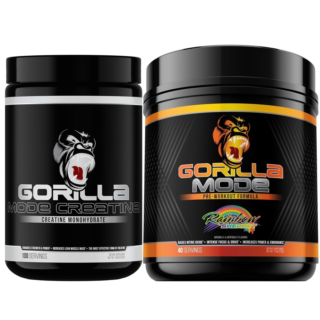 Mode Gorilla Creatine monohydratée Micronised Poudre et pré-entraînement (Rainbow Sherbert)- Pompes volumineuses