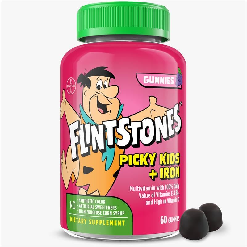 Flintstones Vitamine für Picky Kids + Eisen, Kinder Multivitamin Gummis mit Vitamin C, D, E, B6 und Eisen, Gummy Vitamine, Grape Flavored, 60 Gummis