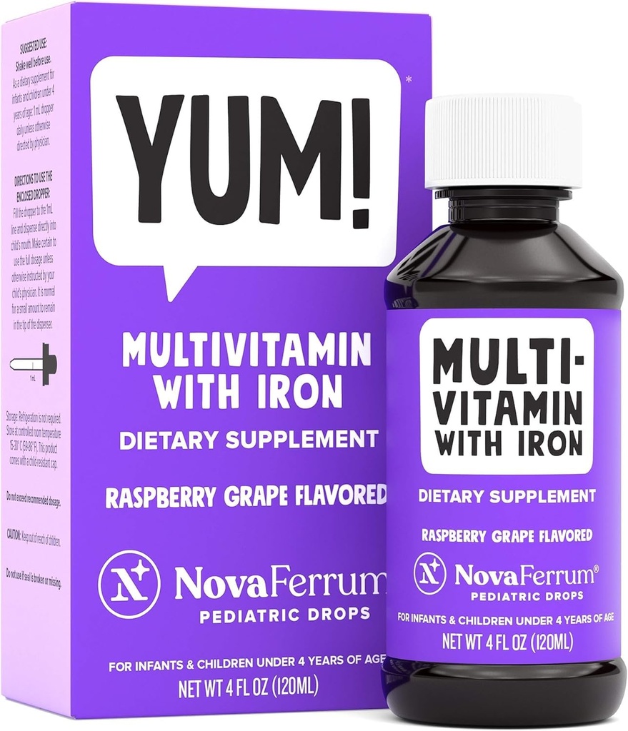 NovaFerrum Yum | Multivitamina con ferro per neonati, bambini e bambini | Supporto immunitario | Età 4 e sotto | Gluten Free Certified | Zucchero Free | Raspberry Grape | 120 Serve