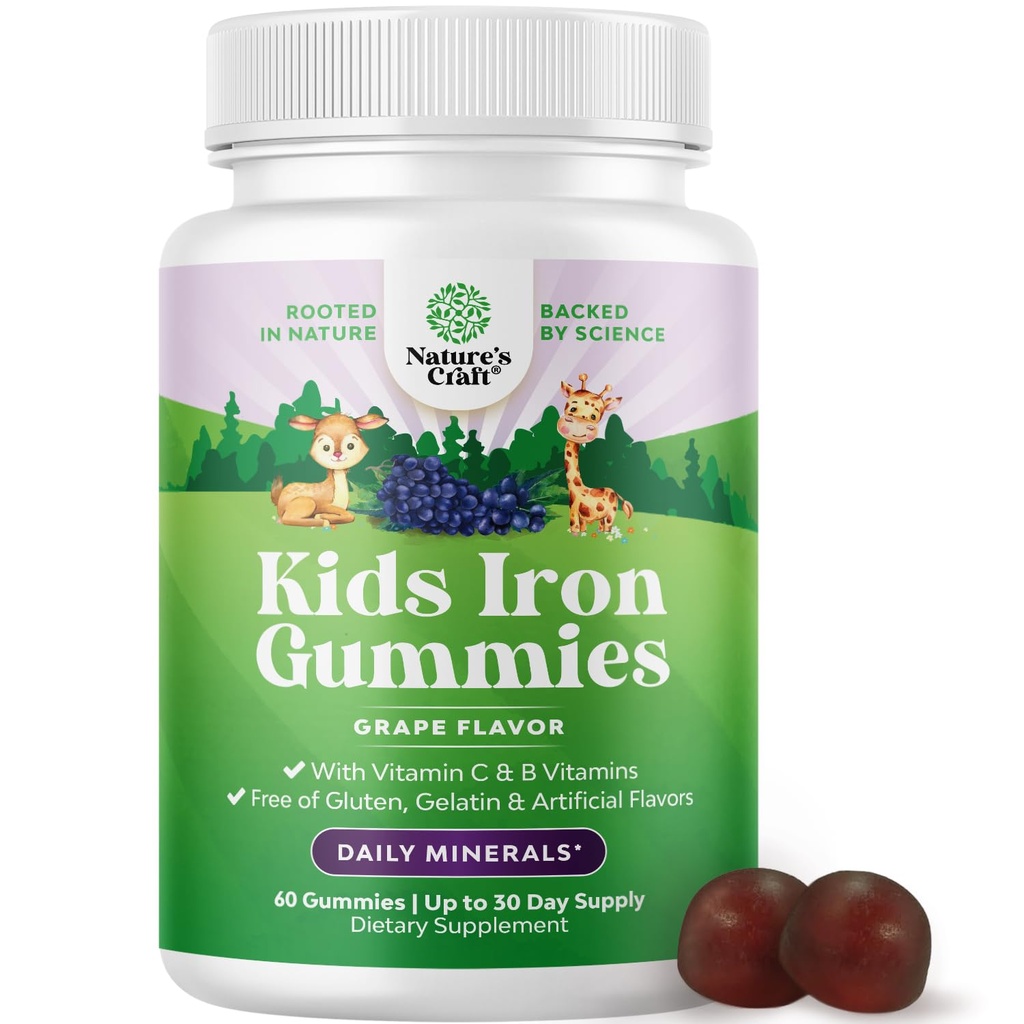 Kinder Eisengummis - Blut-Erbauer Eisen-Ergänzungen für Kinder mit Sanft für stärkere Immunität & Energie - Vitamin B12, Folate & Vitamin C Gummies - Vegan GMO & Gluten Frei für Kleinkinder - 60 Zähler