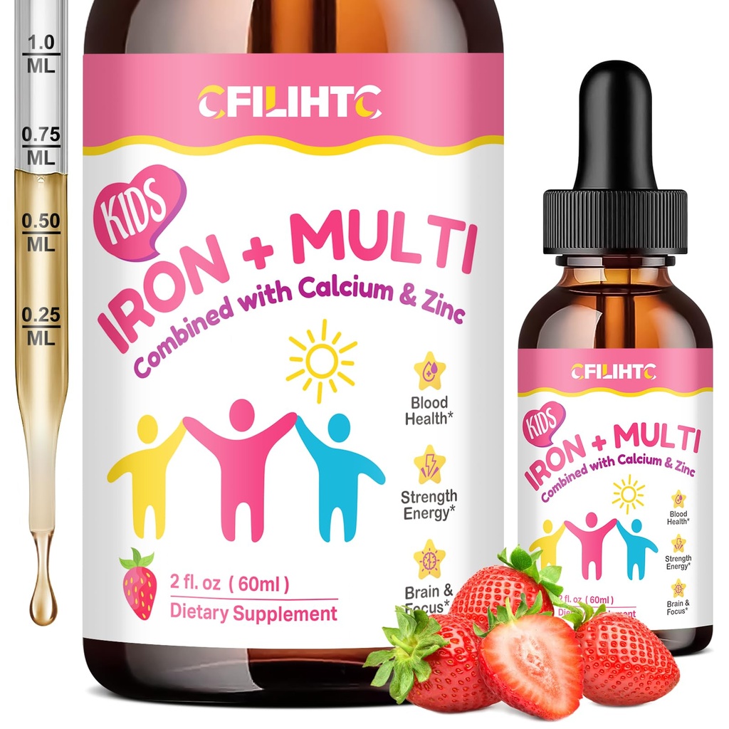 Flüssige Eisen-Ergänzung für Kinder, Frauen und Männer - mit Kalzium, Zink, Kinder Multivitamin mit Eisentropfen - Immununterstützung, Blut-Erbauer & Energie-Unterstützung für Eisenmangel, Anämie, Vegan 2 Fl Oz