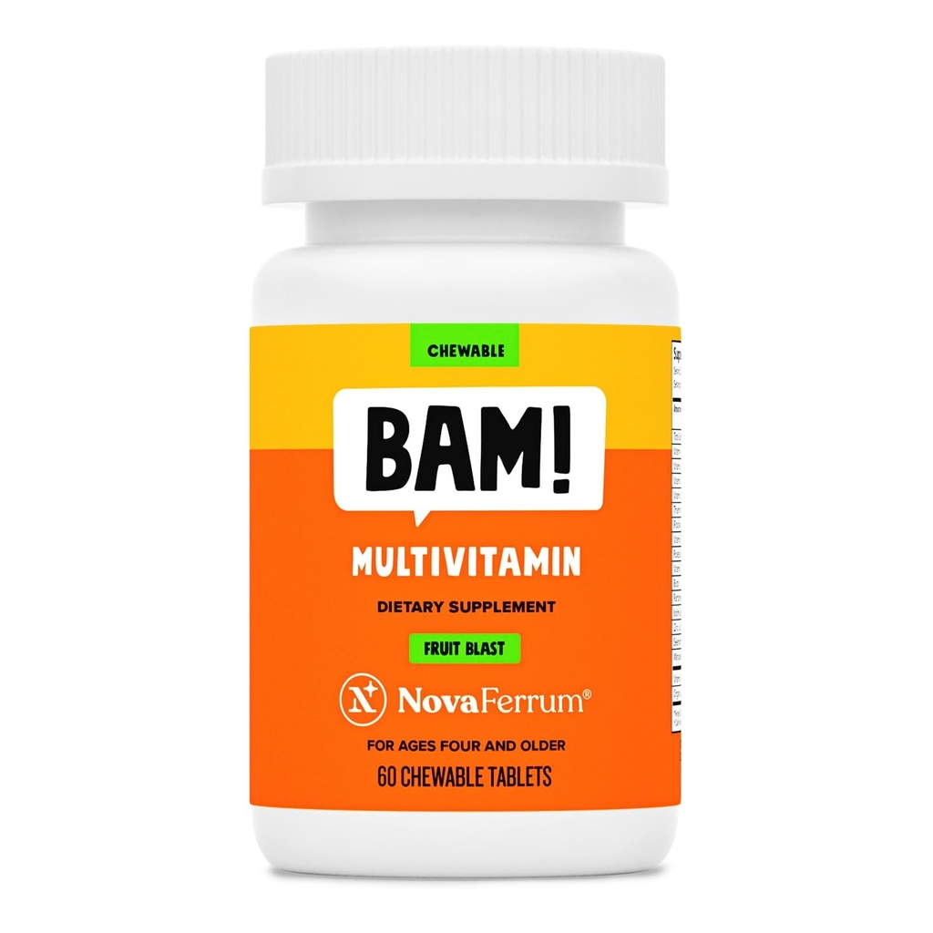 NovaFerrum BAM Chewable Multivitamin per bambini e adulti Età 4 e superiore - Frutta Blast Flavor - 60 Chewable Tablets - con Vitamine A, C, D, E, B6, B12, Biotin, Zinc, Selenium & Manganese