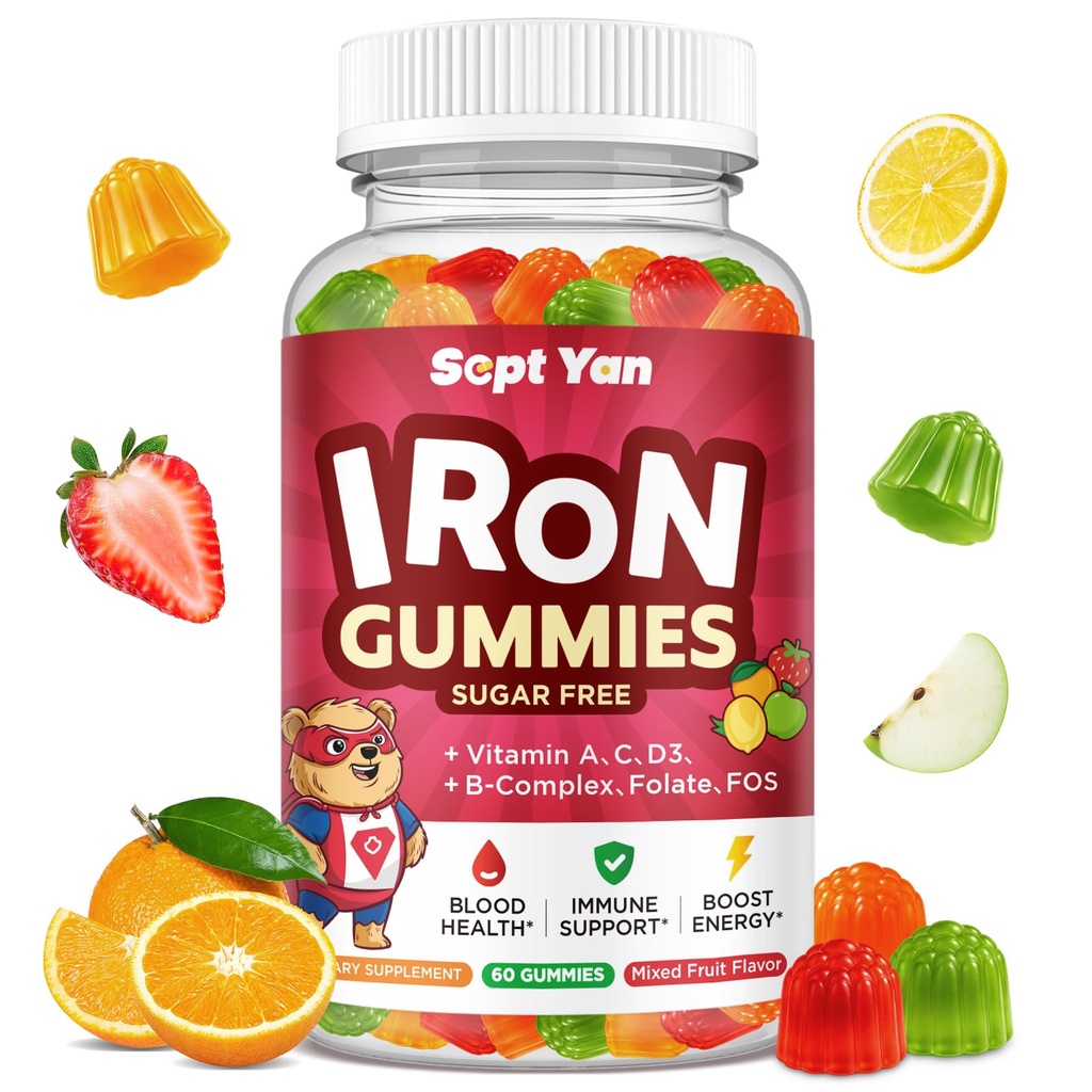 Eisen-Ergänzungsgummis für Kinder, Kinder Multivitamin mit Eisen - Vitamin B Complex, C, D3, Calcium, Folate, Zink, FOS für Blut-Erbauer & Energie-Unterstützung, Eisenmangel, Vegan,Mixed Fruit Flavor,60 ct