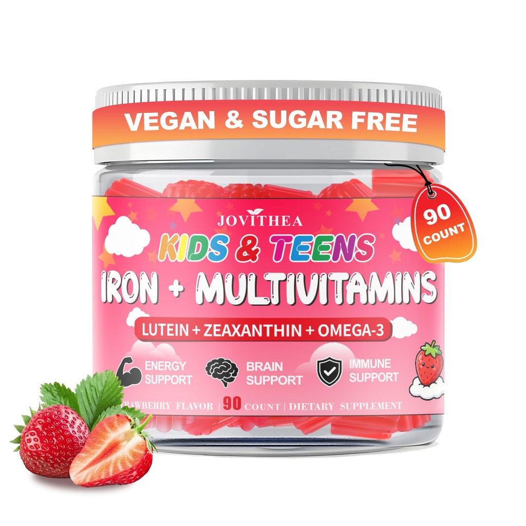 90 Graf | Eisengummis für Kinder, Kinder Multivitamin mit Kalzium, Zink, Folat, Omega-3 & Lutein, Unterstützung Energie, Immnity, Eisenmangel, Anämie & Gehirn Gesundheit, Vegan, Zuckerfrei, Erdbeeren Flavor