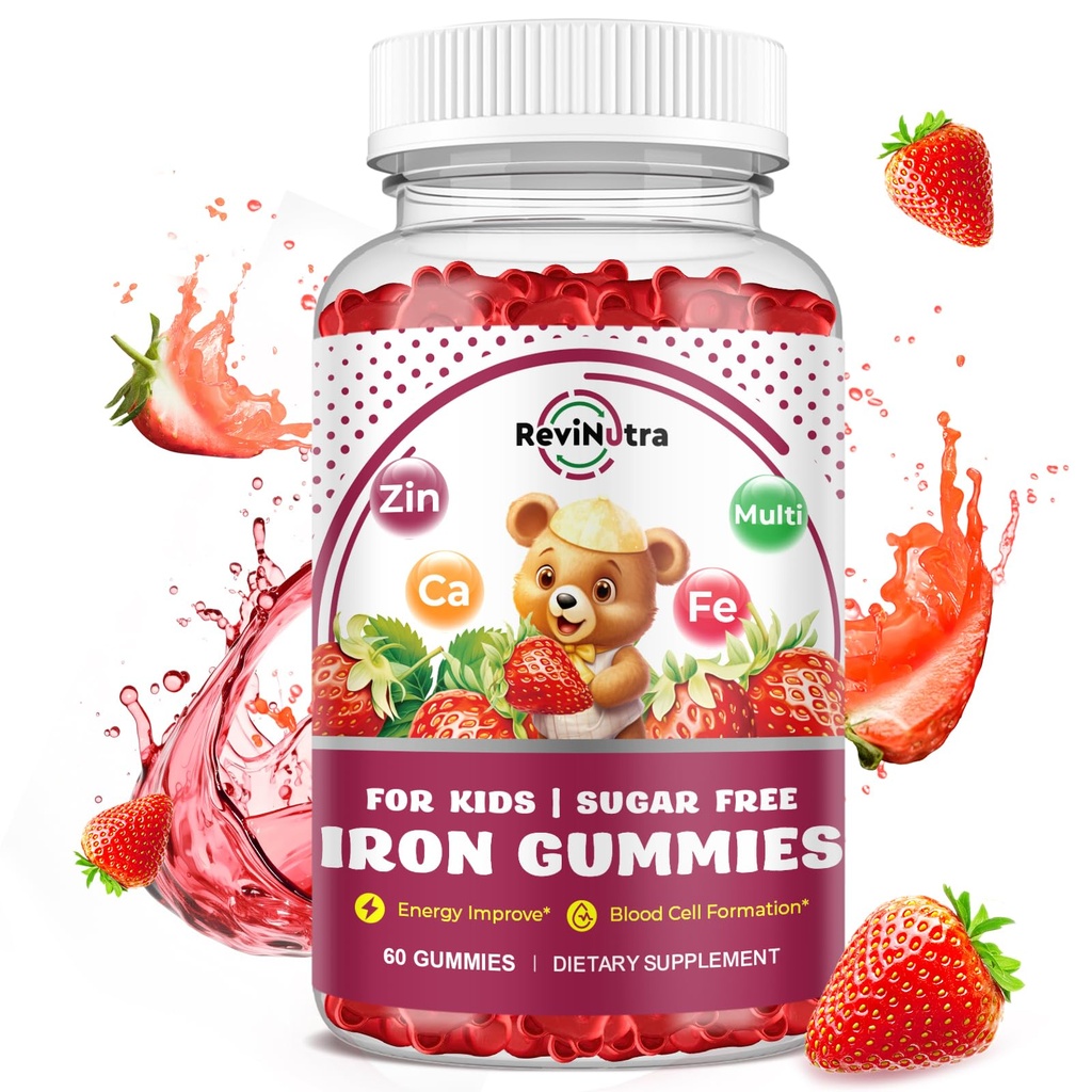 Eisen-Ergänzungsgummis für Kinder - mit Kalzium, Zink, Kinder Multivitamin mit Eisengummis - Immununterstützung, Blut-Erbauer & Energie-Unterstützung für Eisenmangel, Anämie, Vegan - 60 Zähler