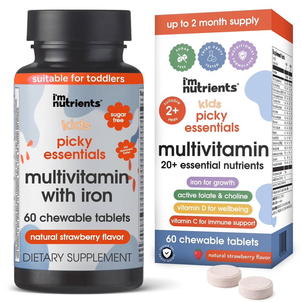 Picky Essentials Kids Multivitamin con ferro + zinco | 20+ Nutrienti essenziali | Età 2+ | Naturally Strawberry Flavored | Vitamine e Minerali A, C, D3, Bs | Non Aggiunto Zucchero | 60 Compresse Chewable
