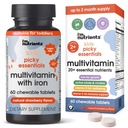 Picky Essentials Kids Multivitamin con ferro + zinco | 20+ Nutrienti essenziali | Età 2+ | Naturally Strawberry Flavored | Vitamine e Minerali A, C, D3, Bs | Non Aggiunto Zucchero | 60 Compresse Chewable