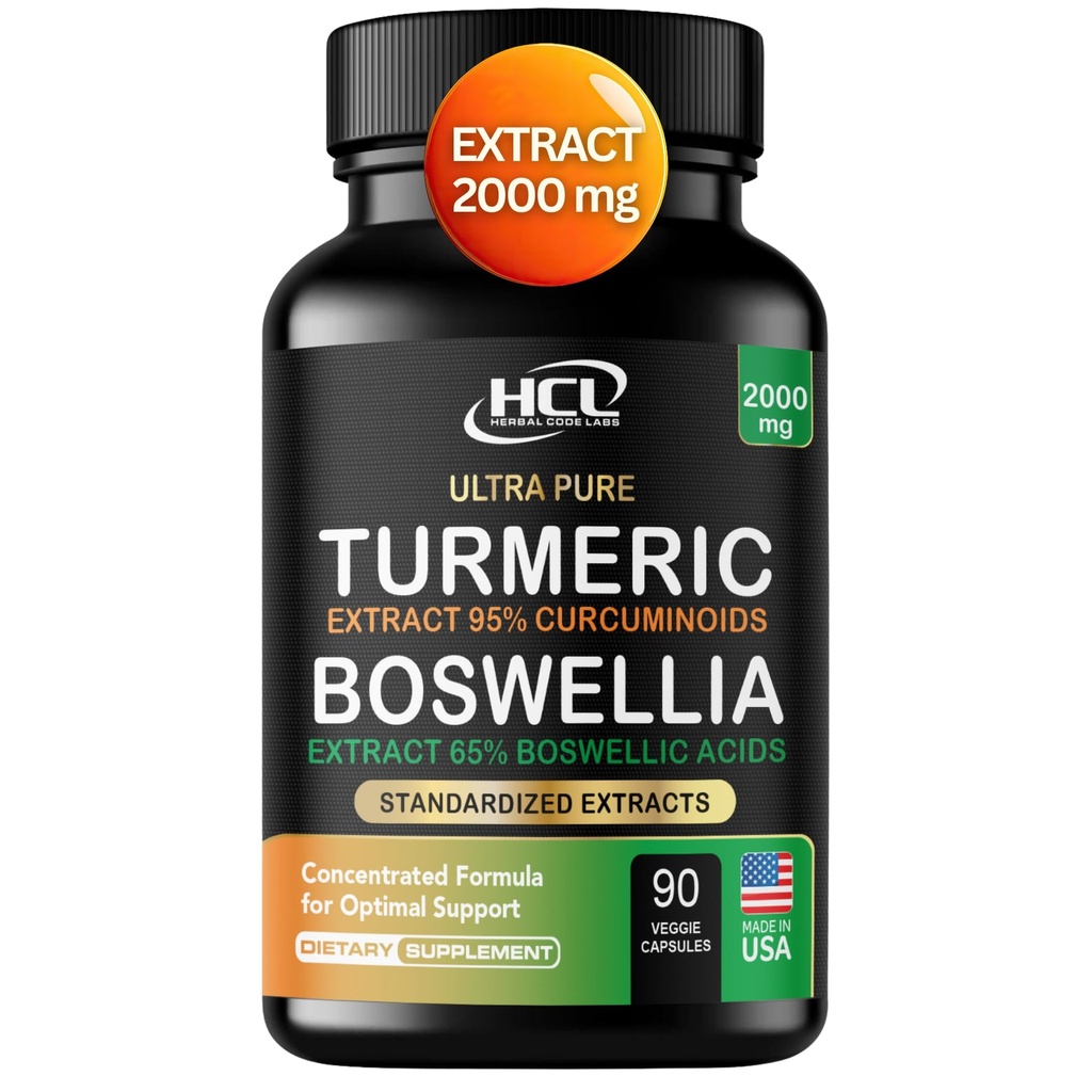 Turmeric Boswellia Extract Supplement 2000 mg – Extra Strength Boswellia Serrata mit Kurkuma - 95% Curcuminoide mit Boswellia Extract Kapseln - Standardisierte hohe Potenz - Made in USA