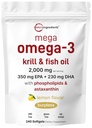 Mega Omega-3 Krill & Fischöl 2.000mg Äquivalent, 240 Softgels | Zitrone aromatisiert | Burpless | Essentielle Fettsäuren & Astaxanthin | EPA 350mg + DHA 230mg | Heart & Brain Supplement