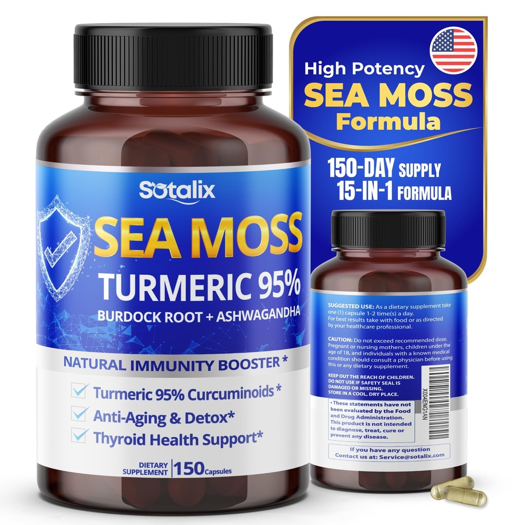 Sotalix Sea Moss Capsule mit Ashwagandha, Burdock Root, Bladderwrack, Turmeric - Leistungsstarke natürliche Immunität Booster - USA Made (150 Count (Pack von 1))