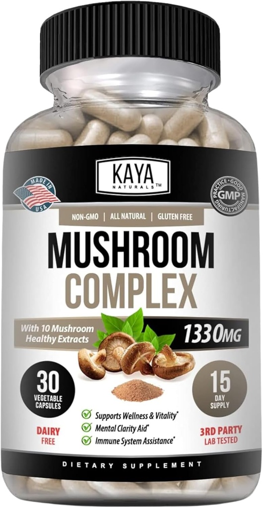 Kaya Naturals Premium Mushroom Complex Potent - Mushroom Complex Capsules 1995mg Per Serving - Aids Clarity Mental Supports Immune System, Wellness & Vitality |-30 Count