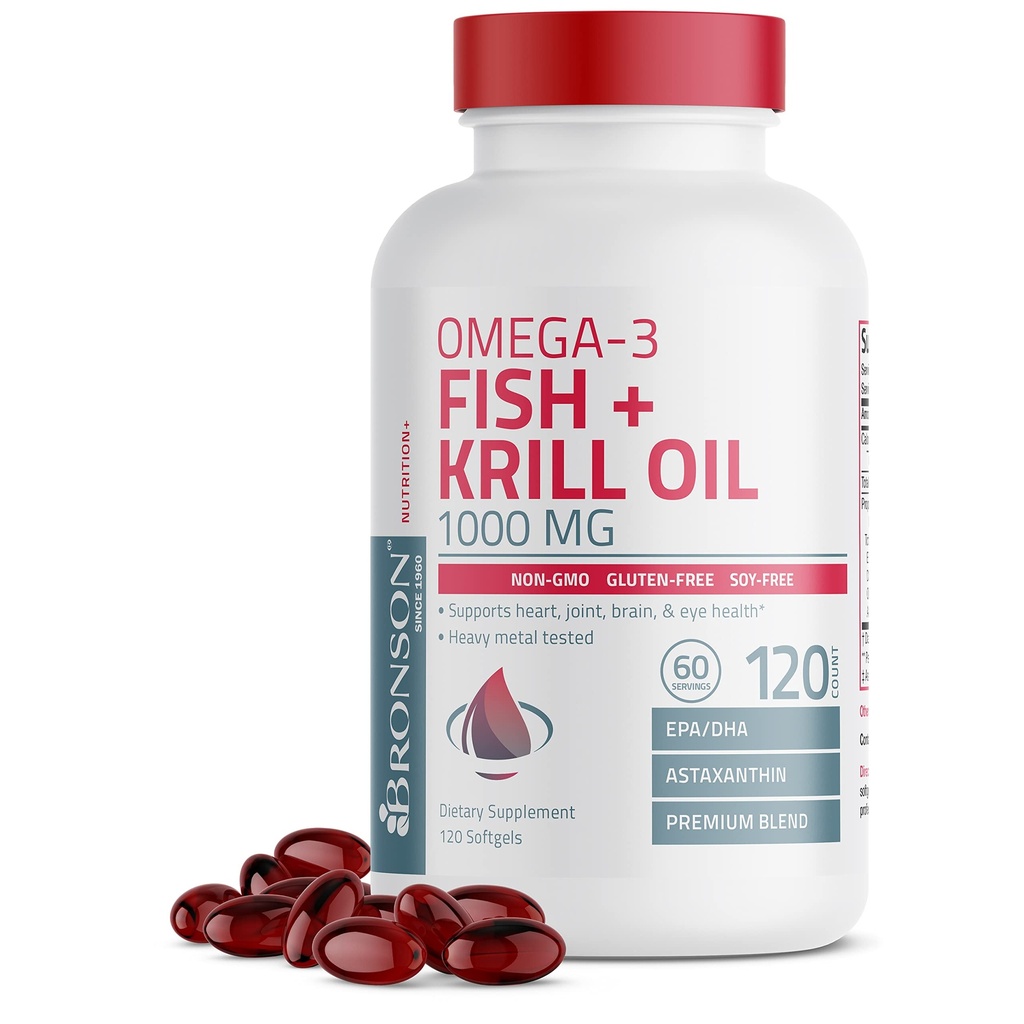 Bronson Omega-3 Fish + Krill Oil 1000 MG EPA DHA Astaxanthin Premium Blend - Joint, Brain & Eye Health - Non OGM, Heavy Metal Tested, 120 Softgels