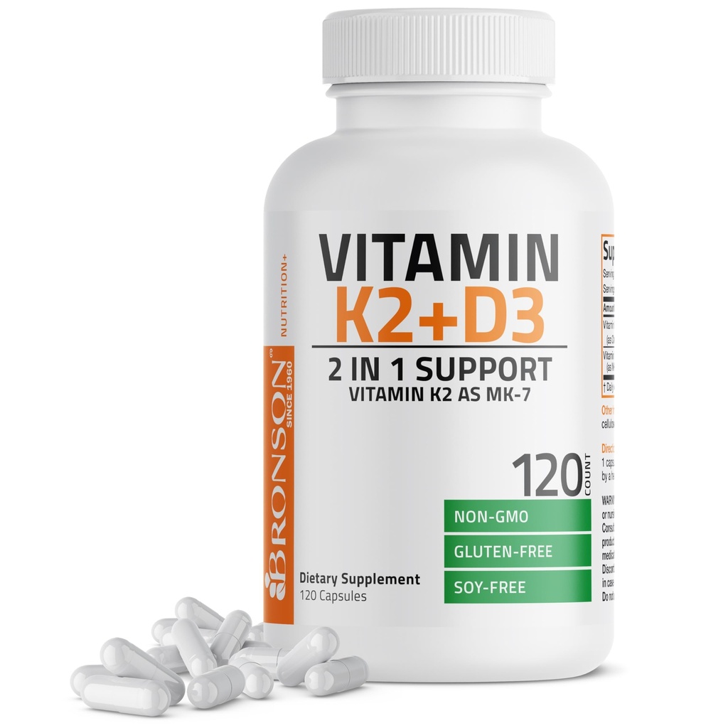 Bronson Vitamin K2 (MK7) mit D3 Supplement Non-GMO-Formel 5000 IU Vitamin D3 & 90 mcg K2 MK-7 einfach zu Swallow D & K Complex, 120 Kapseln