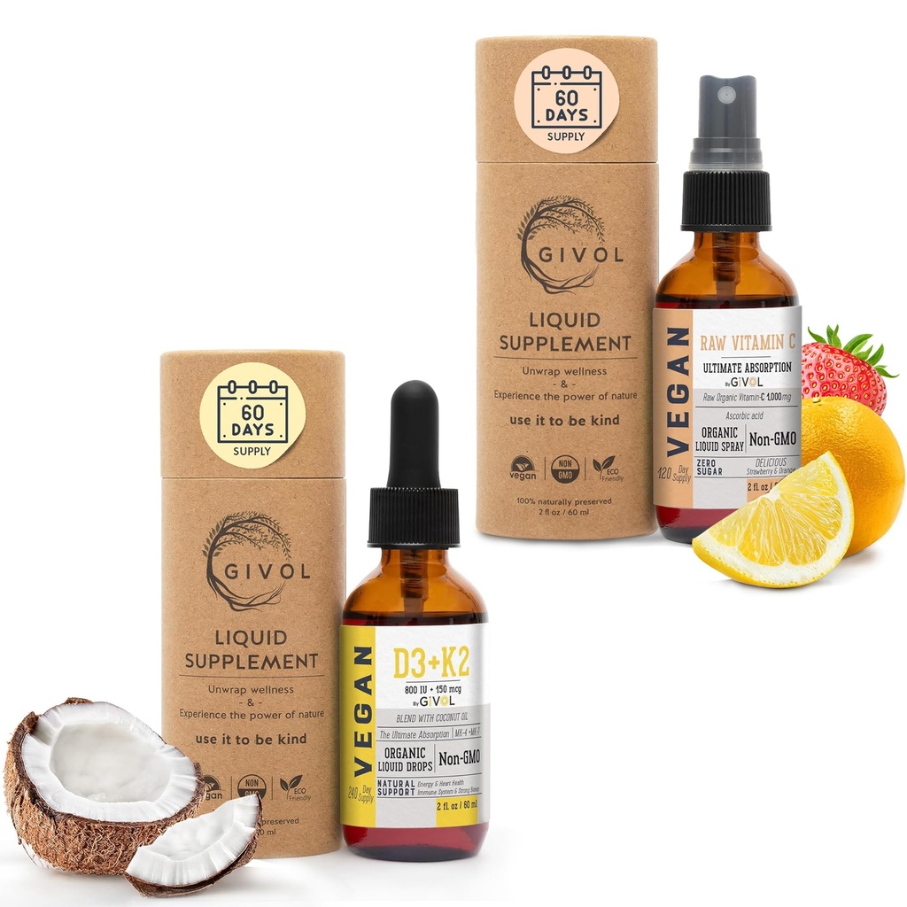 Vitamina D3+K2 Gocce liquide (MK4 & MK7) Olio di cocco frazionato organico e vitamina C Spruzzo ad alta resistenza: Estratto liquido di assorbimento giornaliero, supporto proteina essenziale, ottimizza i benefici per il benessere