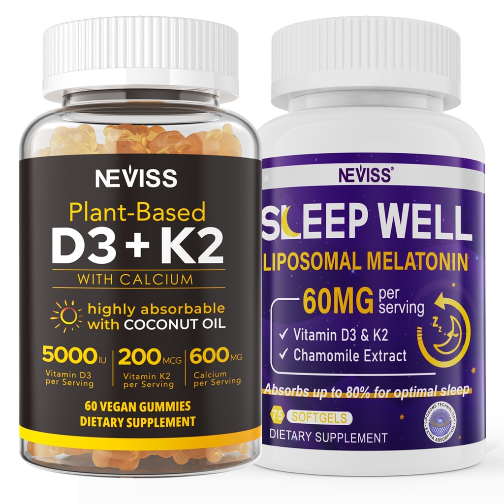 NEVISS Vitamine D3K2 5000IU Gommies + Mélatonine 60mg pour adultes
