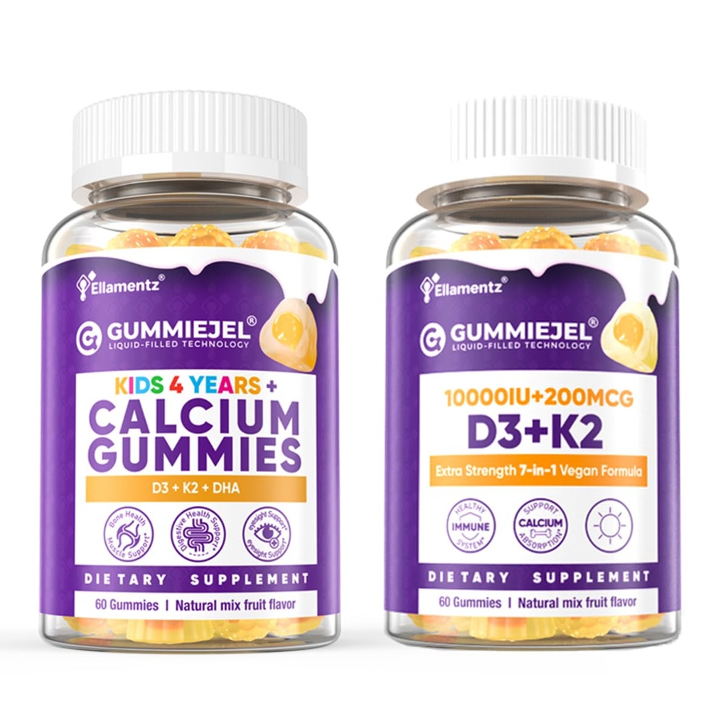 1 Pack Kids Calcium Gummies + 1 Pack D3 K2 Gummies Vitamin D3 10000 IU + K2 (MK7) 120mcg